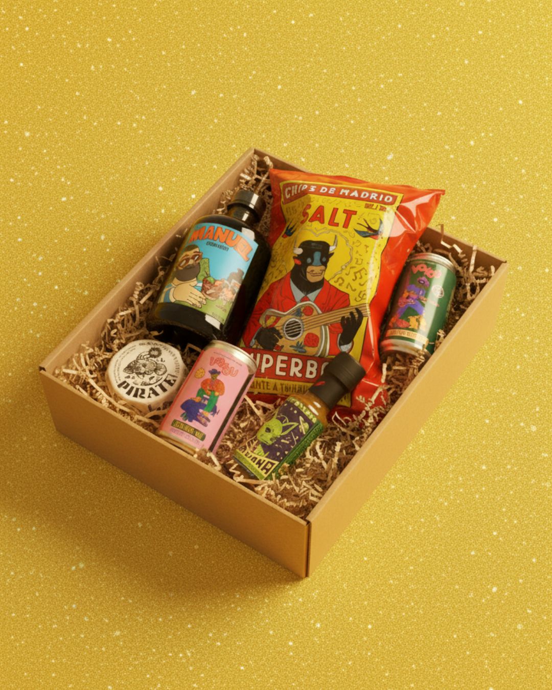 Coffret cadeau apéritif pop ibérique – vermut basque, seiche Pirate, chips Superbon, sauce Marciana, boissons Voyou Drinks 67.
